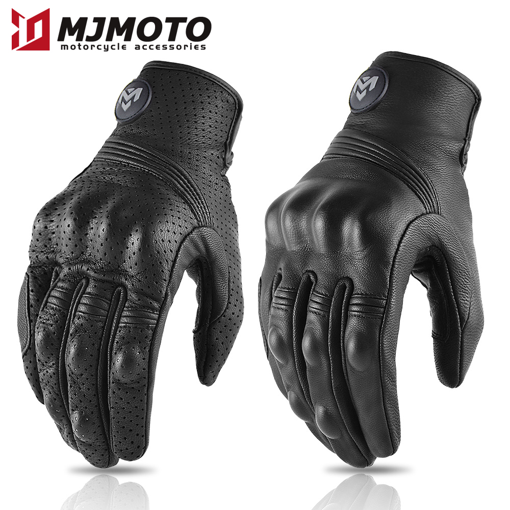 Cycling Glove Padded - Men's Retro Perforated Leather Motorcycle Gloves
